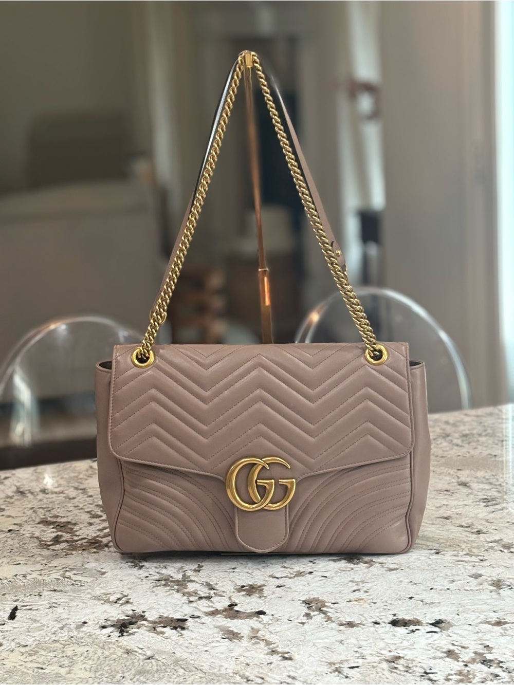 Gucci Chevron Shoulder Bag in Taupe Beige with Gold Hardware